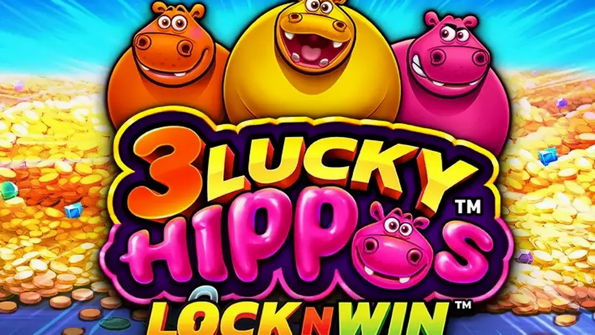 Tampilan visual permainan slot 3 Lucky Hippos dengan tema hewan yang ceria