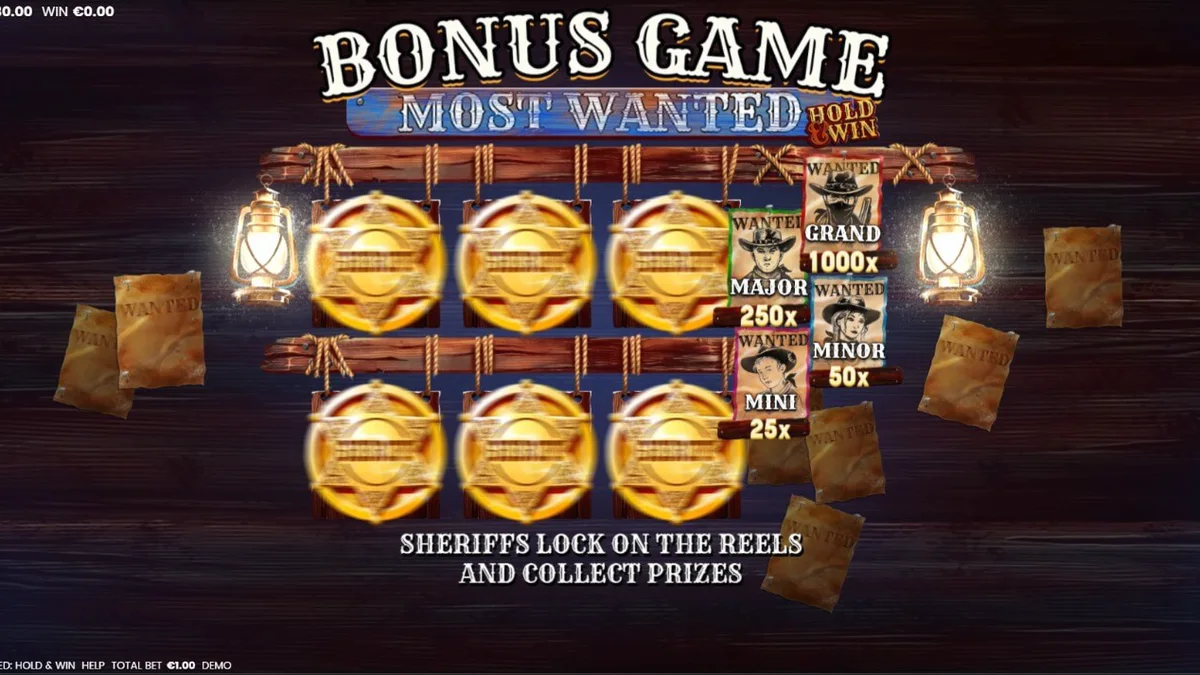 Most Wanted: Hold & Win slot game interface featuring Western theme symbols