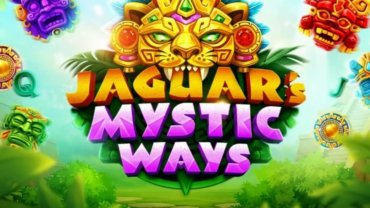 Pemandangan hutan kuno dengan simbol jaguar dan kuil emas dalam slot Jaguar’s Mystic Ways
