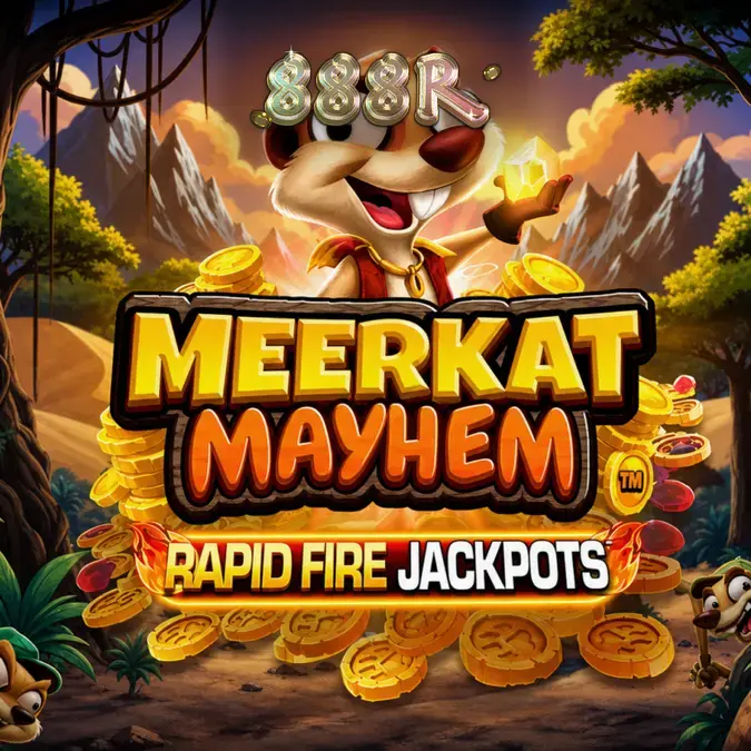 Tampilan visual slot Meerkat Mayhem dengan desain karakter kartun dan grid 6x4 yang cerah